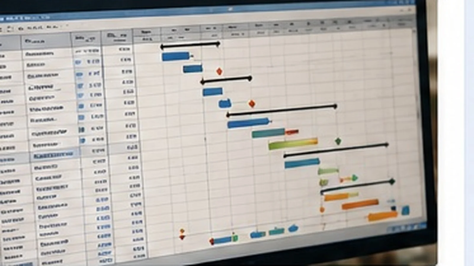 Complex project schedule shown as a Gantt chart on a laptop screen.